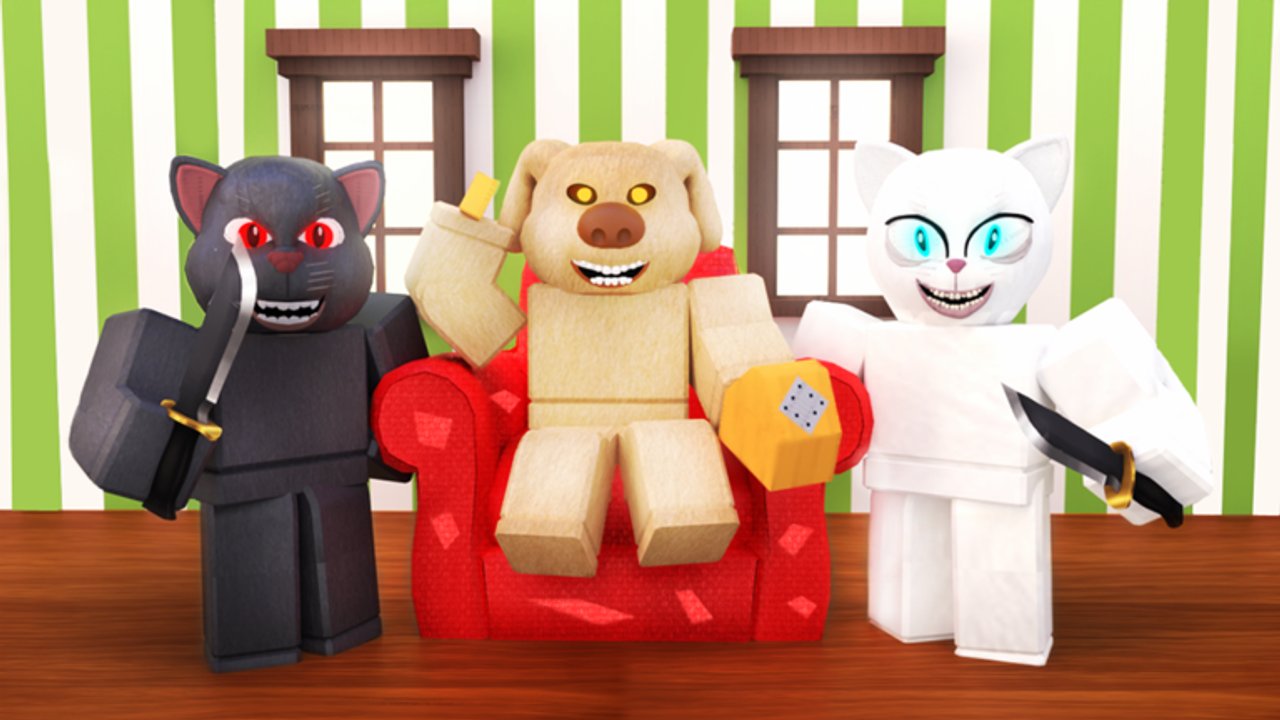 Dog! Roblox screenshot — survivors fleeing the Dog hunter in a sealed horror map